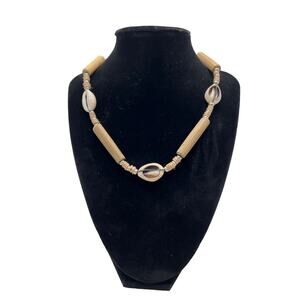 Cowry Shell and Wooden Bead Necklace Unisex Surfer Beach 17 Inch